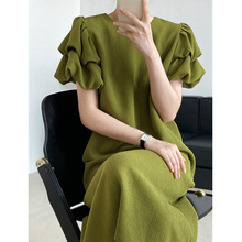法式高级感绿色泡泡袖连衣裙女夏季大码胖mm设计小众宽松气质裙子