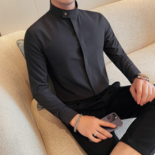 一件代发春装男士纯色长袖衬衫韩版修身暗扣打底衫立领男衬衣现货