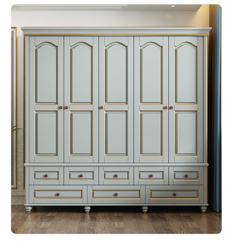 实木衣柜现代简约木质轻奢衣柜描金四门灰色卧室套房柜子美式衣柜