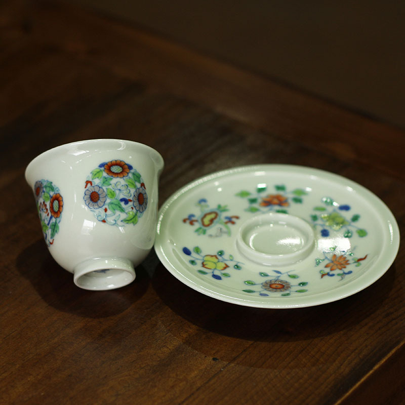 斗彩团菊茶杯套组 景德镇手绘茶杯套装杯托主人杯品茗茶杯可单卖