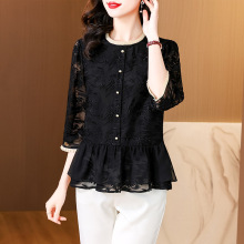新中式复古绣花黑色衬衫2024夏季新款时尚减龄蕾丝大码真丝打底衫
