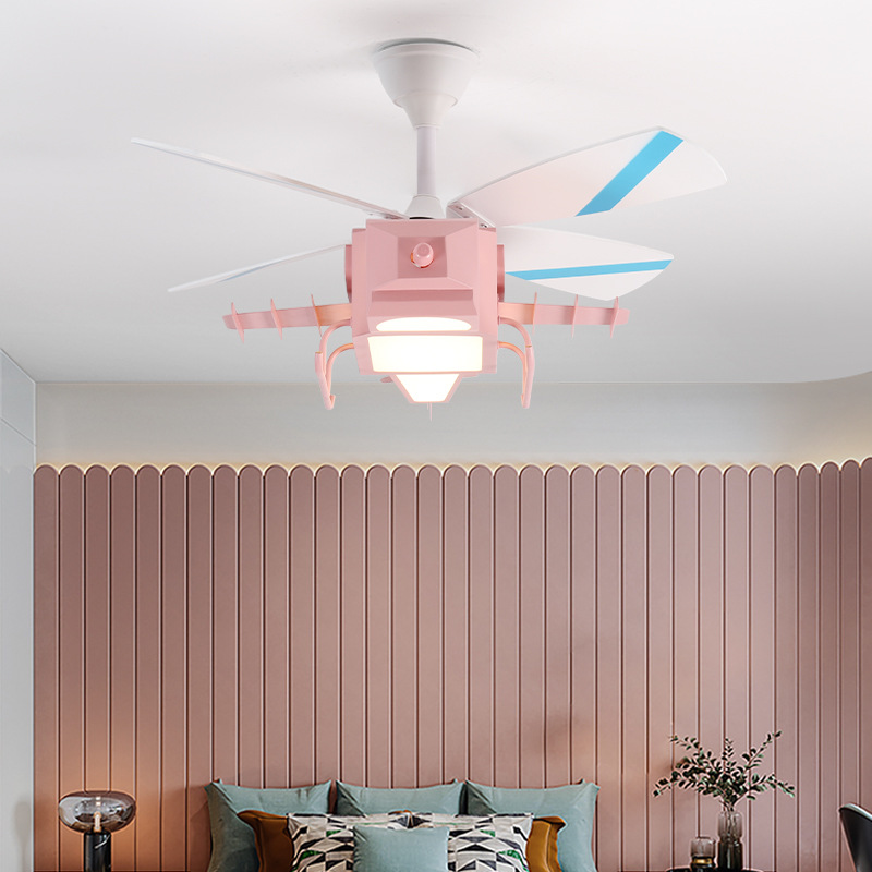 One Piece Dropshipping Children's Room Fan Lamp 2022 New Bedroom Aircraft Ceiling Light Cartoon Mute Wooden Leaf Ceiling Fan Lights