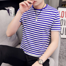 时尚潮流男装夏季青年短袖T恤薄款条纹圆领体恤韩版年轻男式上衣