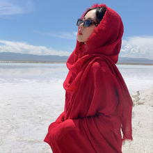 大红色拍照棉麻围巾沙漠防晒披肩海边旅游沙滩青海茶卡盐湖纱巾女