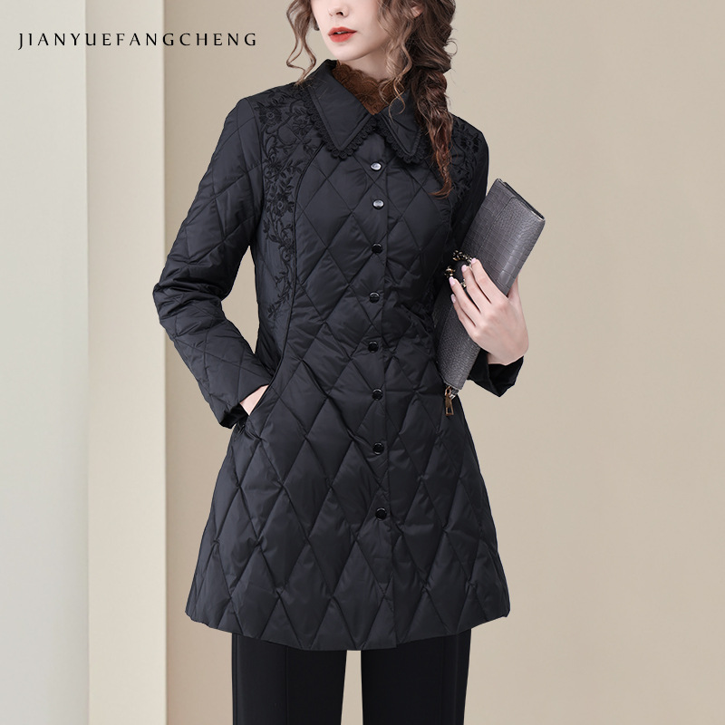 新中式国风刺绣衬衫羽绒服女2025秋冬轻薄款白鸭绒中长款收腰外套