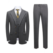2021新款男士西服套装韩版修身灰格纹商务休闲三件套 men suits