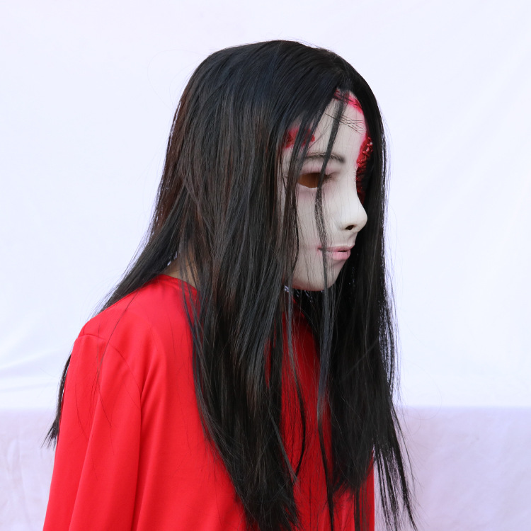 红衣女鬼面具鬼屋道具万圣节气氛道具节日整蛊吓人乳胶面具工厂