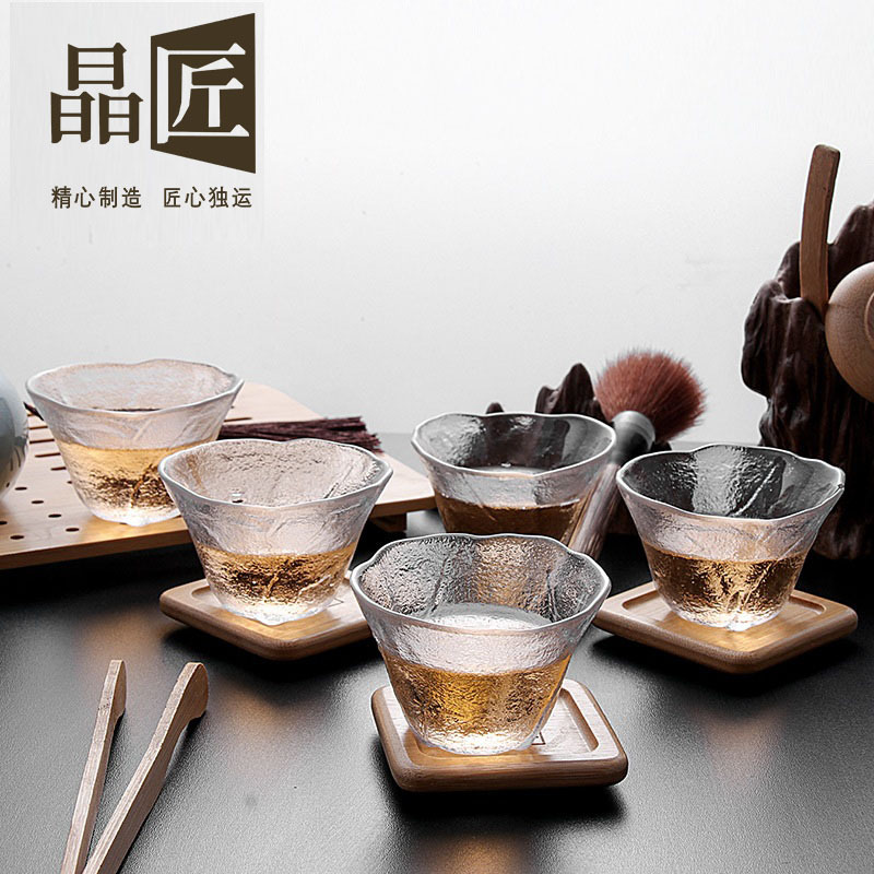 日式白菜杯百财杯功夫茶具品茗杯透明描金玻璃小茶杯厂家批发