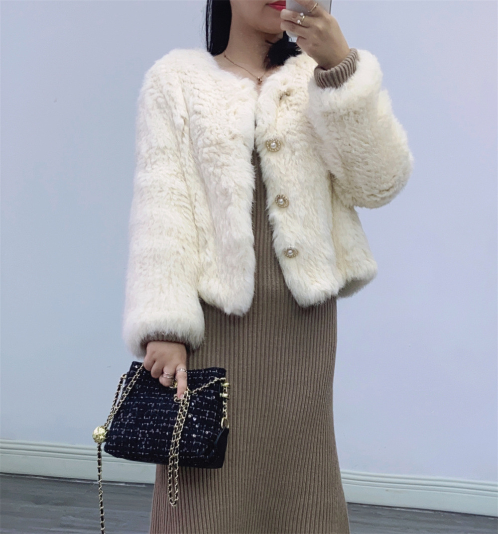 2022秋冬新款 兔毛编织圆领基础外套 富贵小姐姐年轻气质皮草上衣