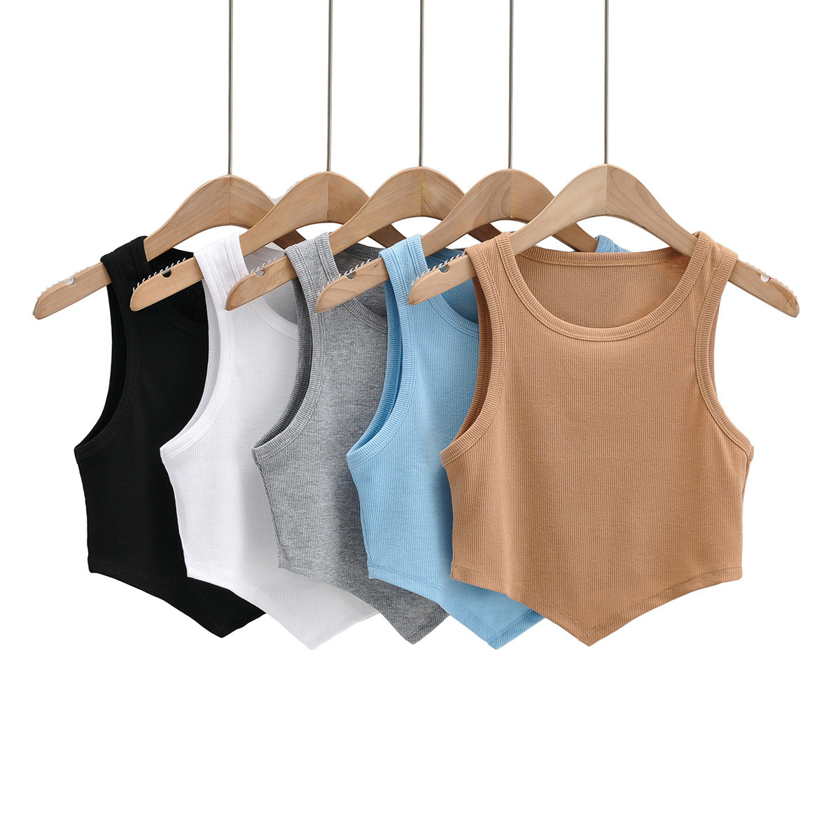 批发2021倒三角圆领弹力修身无袖背心女夏弹力紧身短款小背心上衣