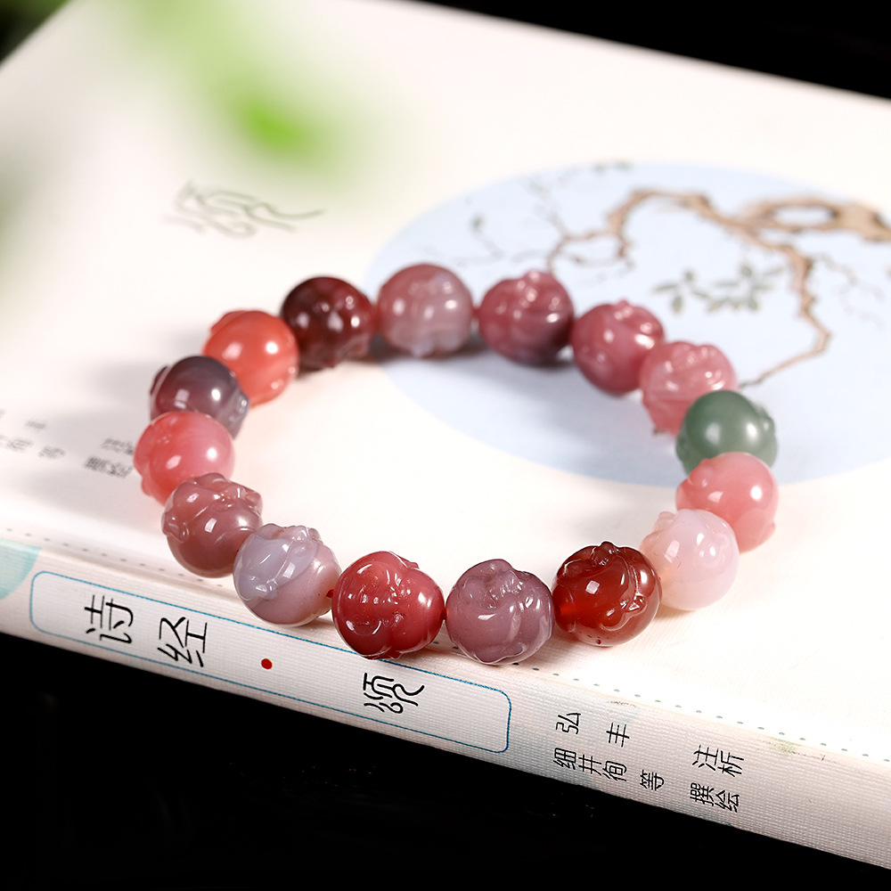 人品银品 秋季新品 雕刻笑脸佛头盐源玛瑙手串 复古简约男女可戴