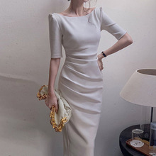 白色长袖连衣裙女收腰法式高及感赫本风设计一字肩长裙2022春夏新