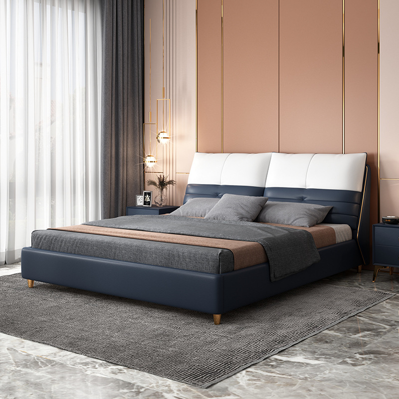 轻奢真皮床双人后现代北欧简约主卧室美式网红ins风结婚软床1.8米