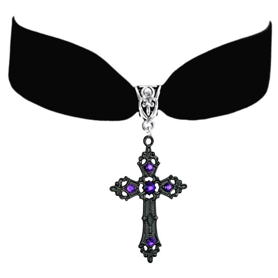 跨境 外贸 亚马逊哥特式十字架紫宝石吊坠暗黑欧美复古项链-阿里巴巴