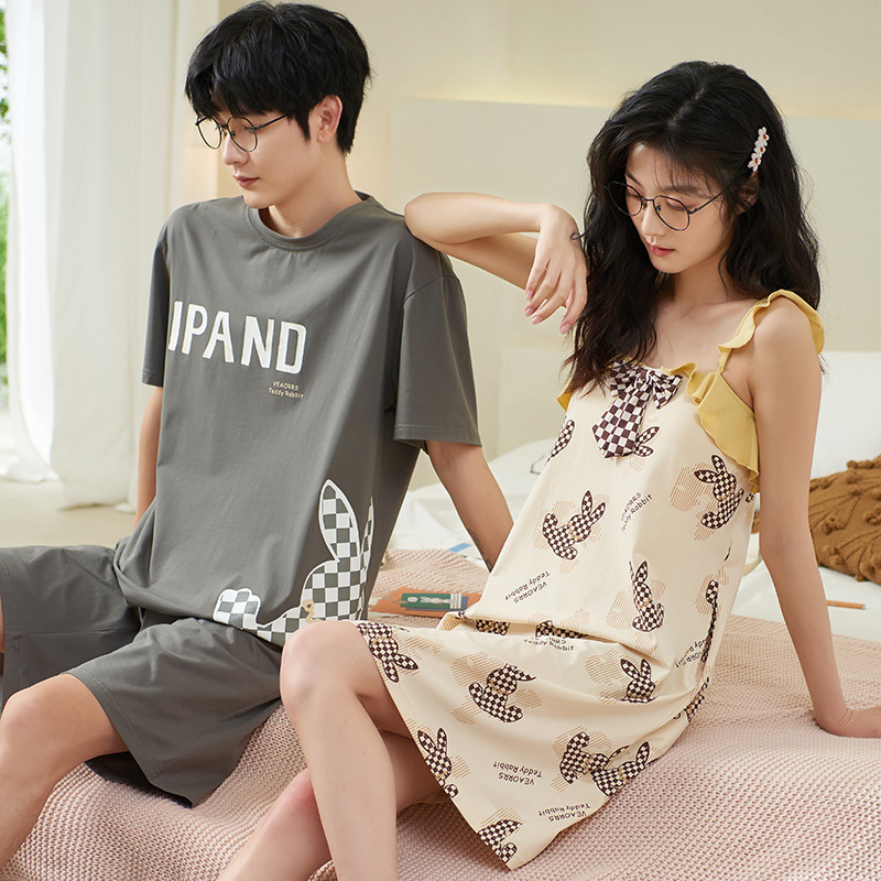 夏季情侣睡衣纯棉短袖性感吊带套装薄可爱卡通一男一女夏天家居服