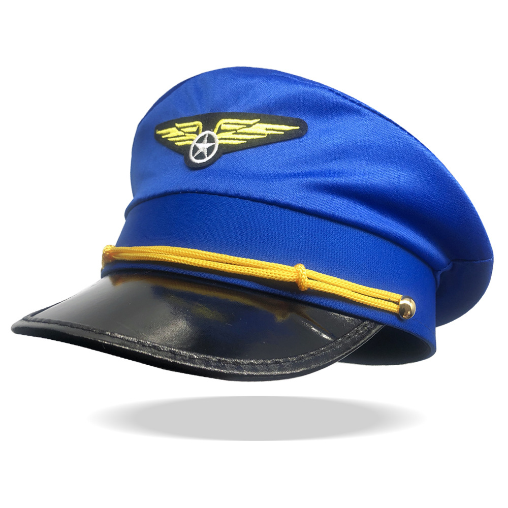 跨境针织飞行帽男服饰配件蓝色航天机长帽舞台道具演出成人航空帽