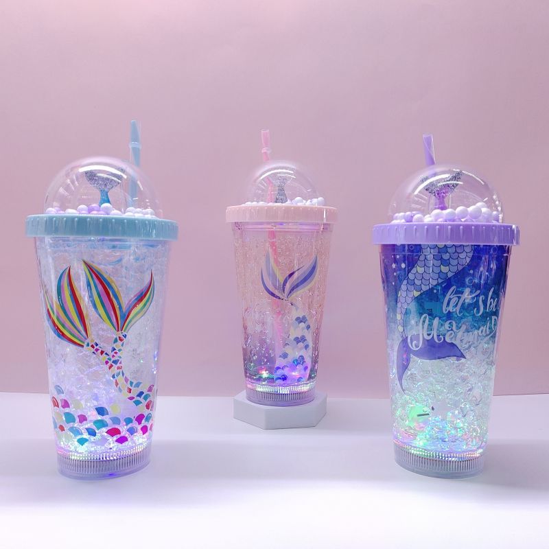 Cross-Border Factory Direct Supply Double Plastic Straw Cup Fashion Fishtail Bubble Ball Ice Cup