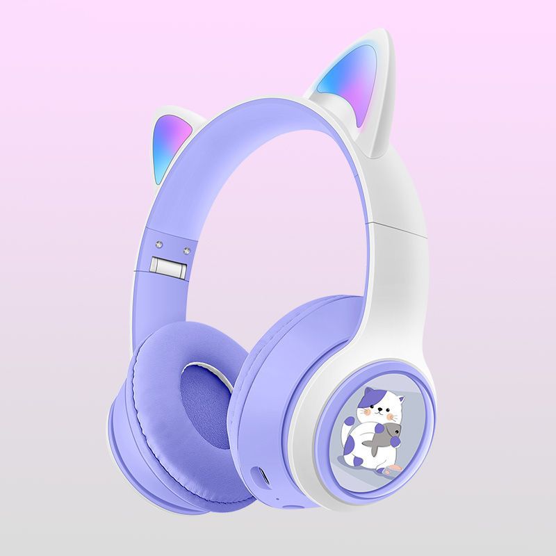 跨境新款无线头戴式蓝牙耳机游戏电竞发光创意公仔女生可爱猫耳朵