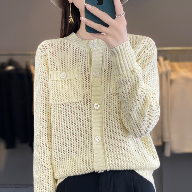 夏季新款宽松遮肉毛衣长袖外穿防晒上衣镂空带兜开衫针织圆领外套