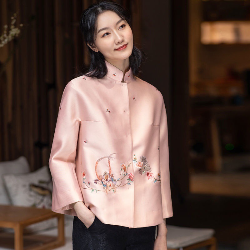 秋仿丝毛刺绣花新中式文艺复古改良唐装女立领短外套女上衣