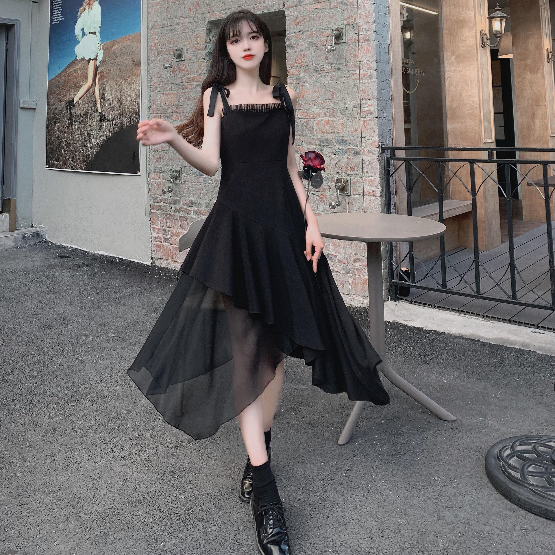 吊带连衣裙女长裙不规则休闲高腰网纱裙修身显瘦朋克暗黑抹胸a字