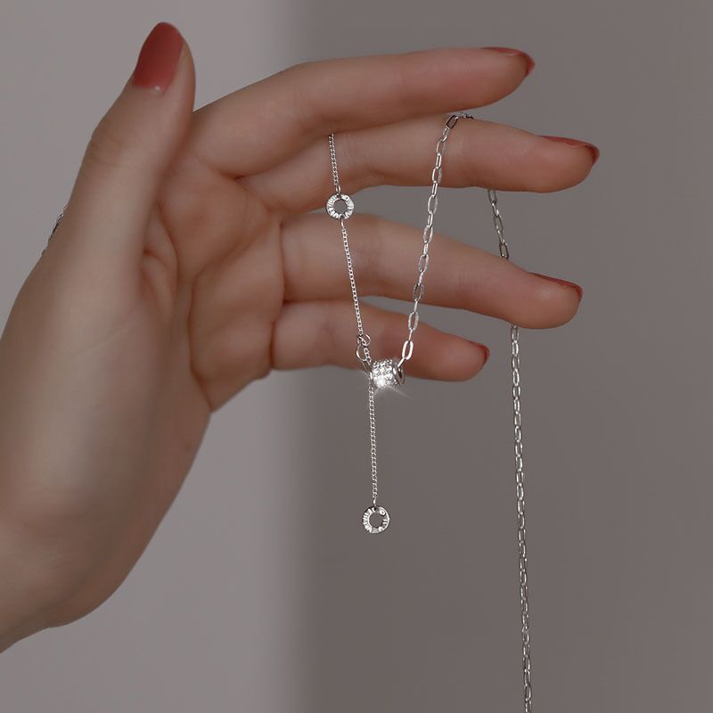 S925 Sterling Silver Small Waist Cylindrical Necklace Female Niche Stitching Temperament Entry Lux Clavicle Chain High-Grade Tassel Necklace