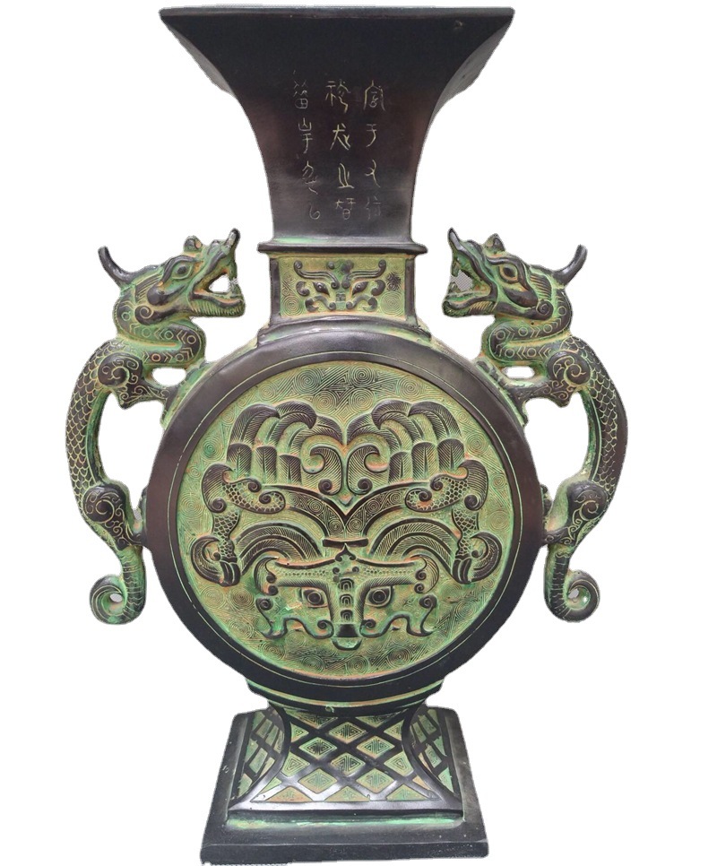 古董古玩回流仿古青铜器家居装饰做旧电影道具乳纹双龙花瓶摆件