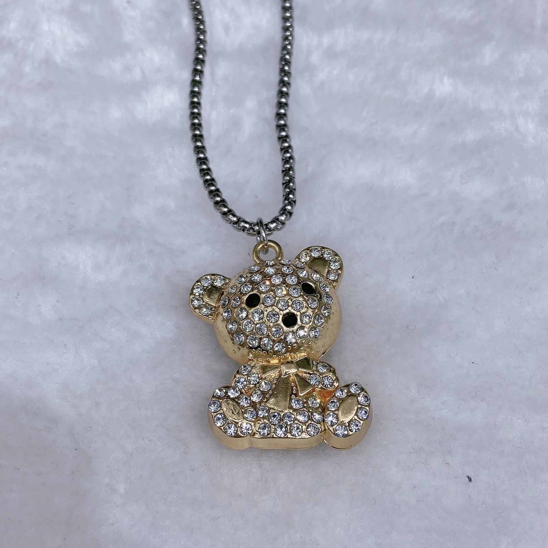 New Fashion Chain Full Diamond Bear Titanium Steel Necklace Ins Trendy Cool Hot Girl Hip Hop Sweater Chain Accessories Wholesale