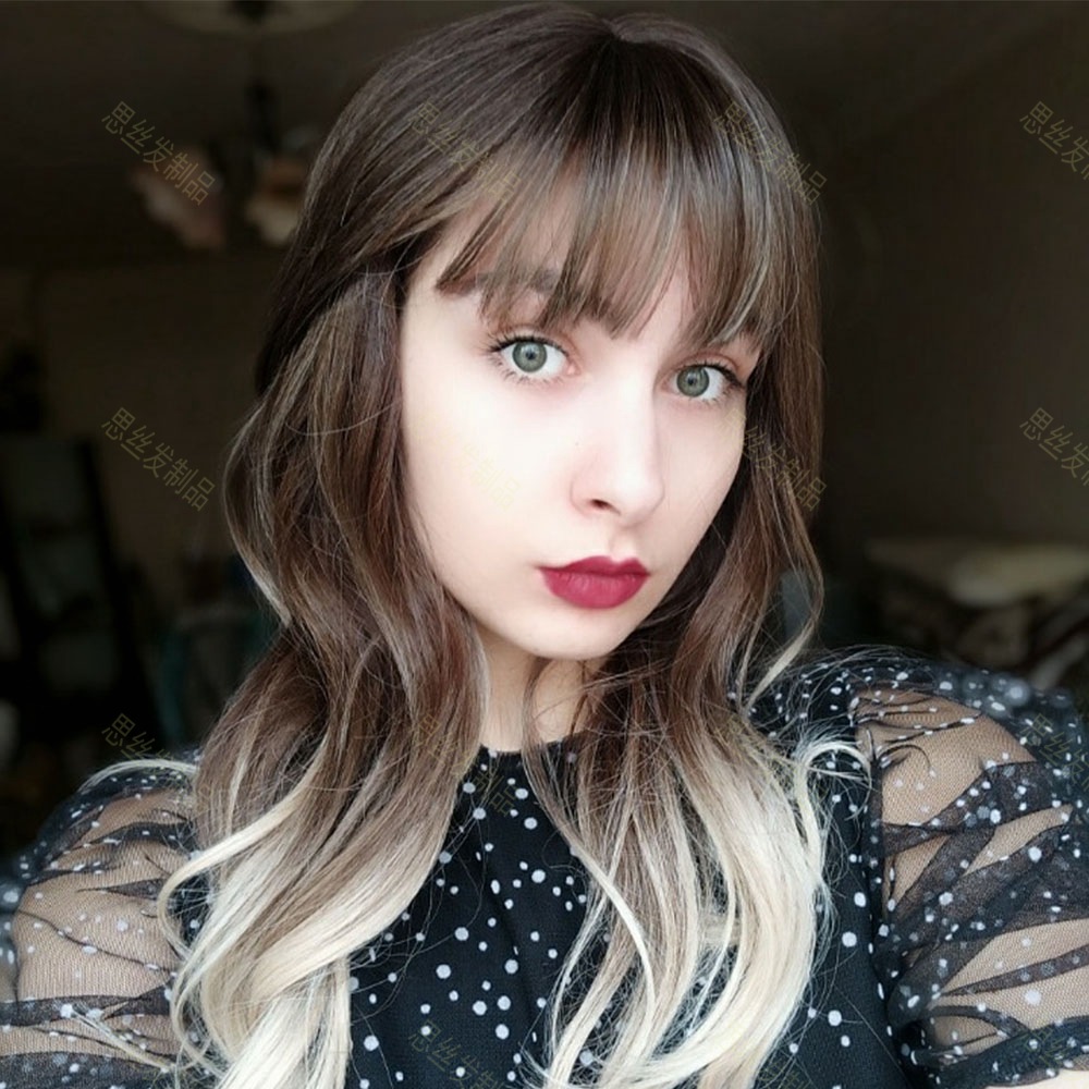 欧美假发齐刘海长卷发化纤女士带刘海长款大波浪假发套厂家批发