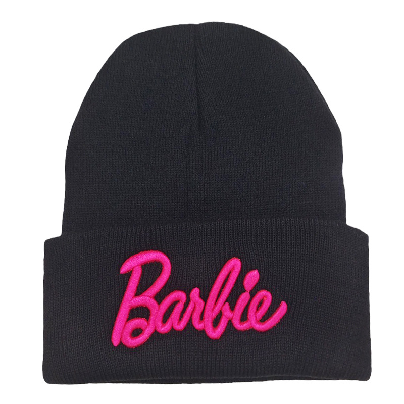 New Autumn and Winter Warm Wool Hat Barbie Three-Dimensional Embroidery Knitted Hat Cute Barbie Pink Pullover Hat Ski Cap