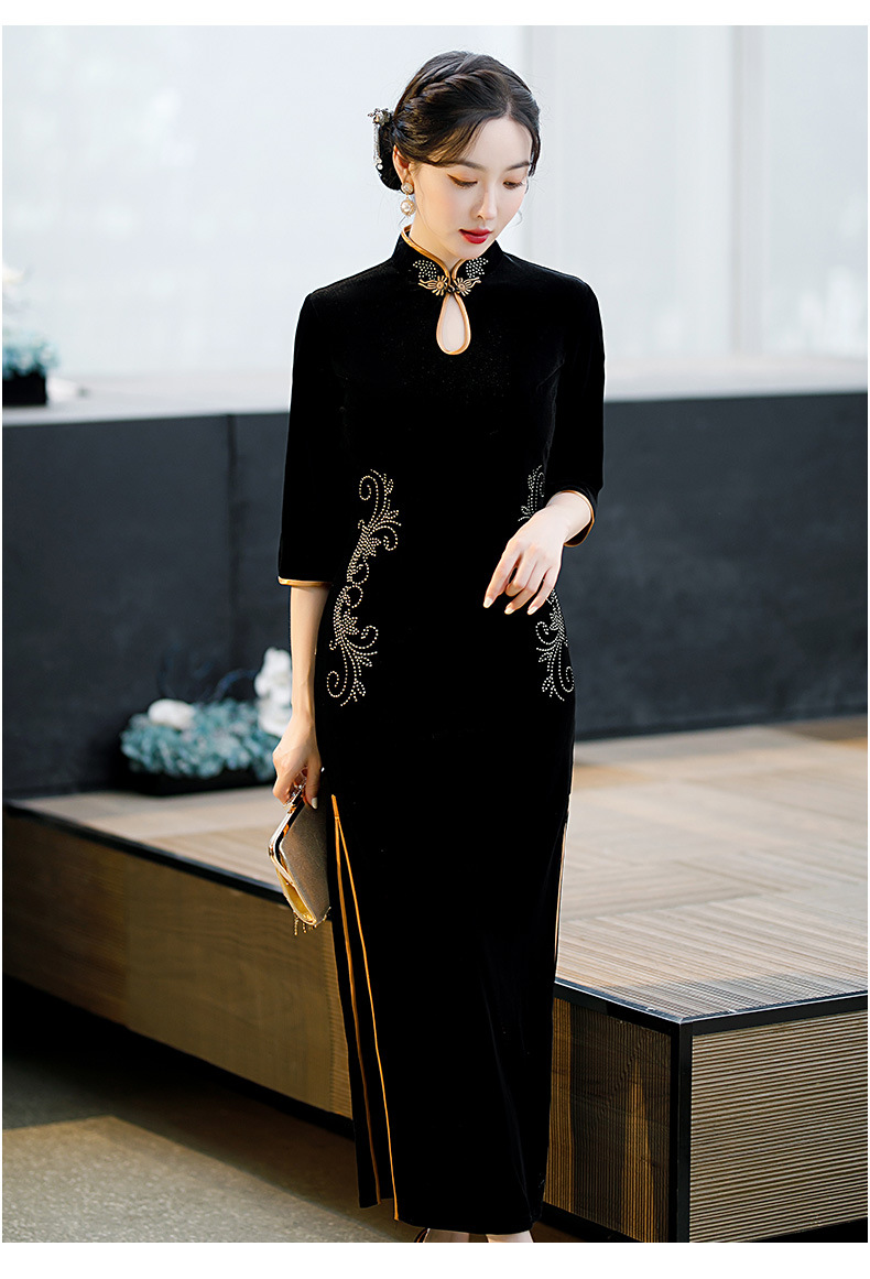 538古圣娇秋冬喜婆婆婚宴装金丝绒长款旗袍裙妈妈装宴会中式礼服