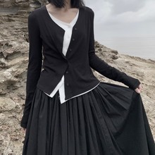 春秋季2024新款女装设计感黑色假两件打底开衫慵懒风别致小众上衣