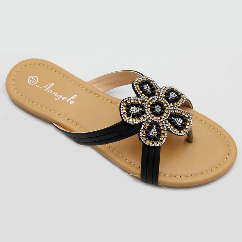 跨境高品质平底鞋欧美大码花朵镶钻工艺外穿凉鞋女士拖鞋slippers