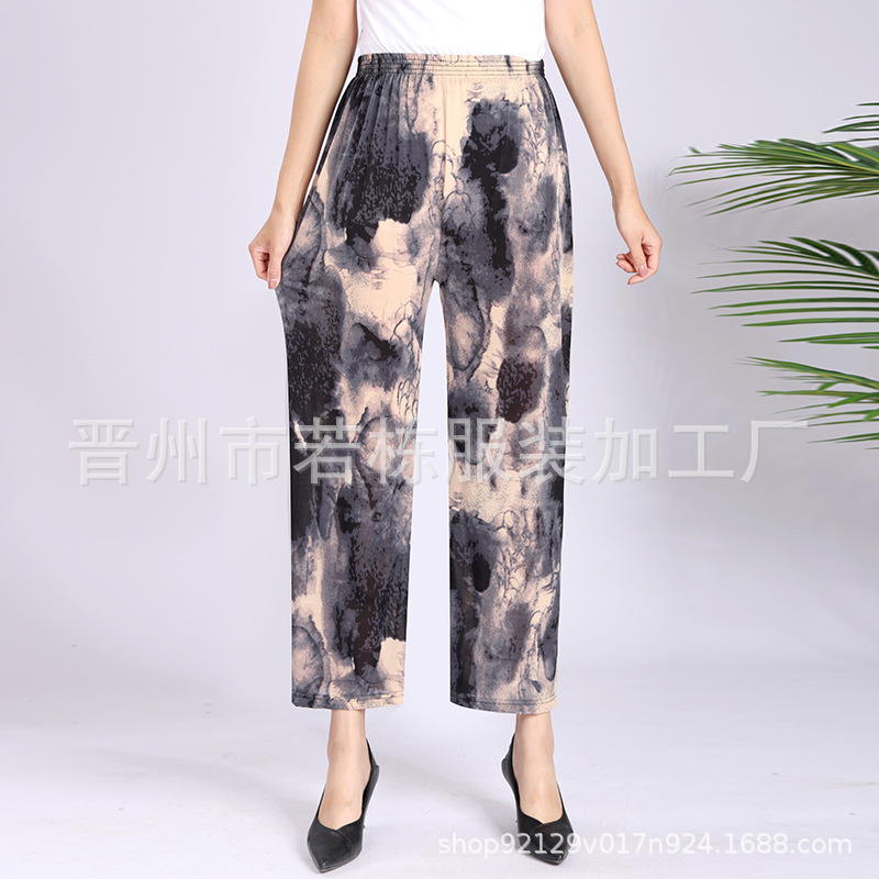 Summer Factory Direct Sales Cool Ice Silk Women's Pants Ice Silk Women's Flower Pants Cropped Flower Pants Middle-Aged and Elderly Casual Pants