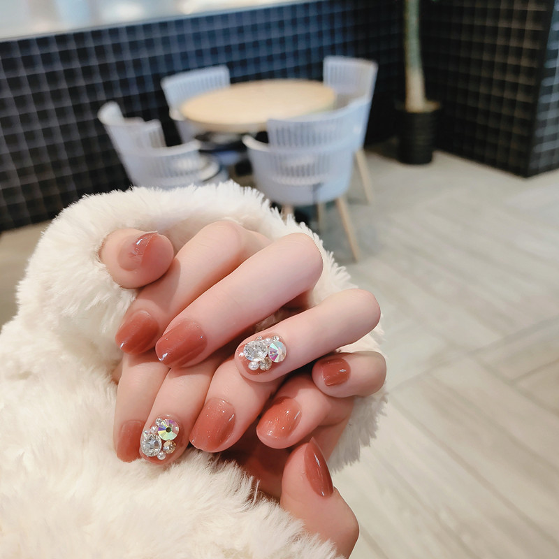 c132 西柚满钻裸粉短款穿戴美甲成品假指甲贴片套装24片厂家批发