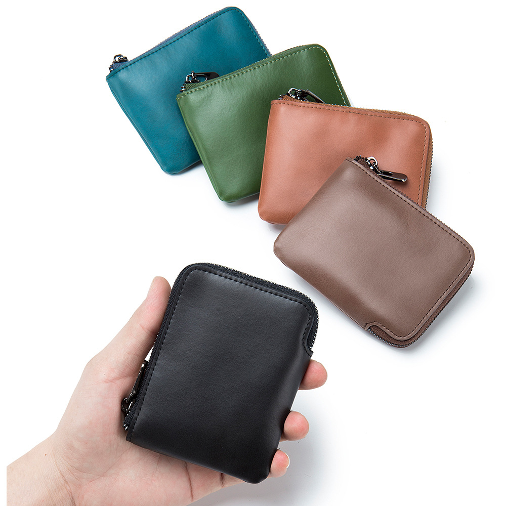 New Simple Card Holder Leather Short Vintage Zipper Small Wallet Cowhide Ultra-Thin Coin Purse Small Coin Bag