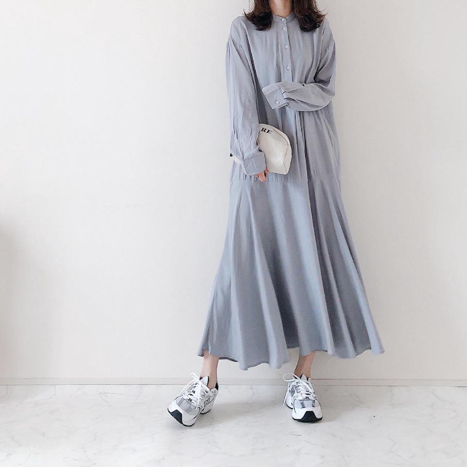 现货2022春季新款日韩乐天ins长款衬衣连衣裙女 宽松休闲长袖裙子