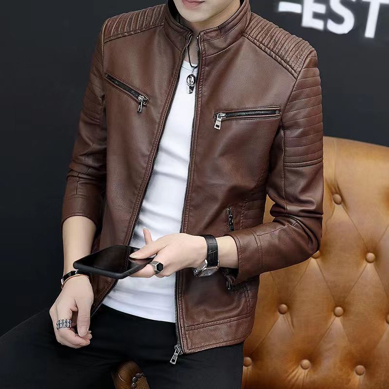 2020 New Fall Winter Men Leather Motorcycle Slim Jacket Handsome Young Man Trend Stand Collar Casual Student Coat