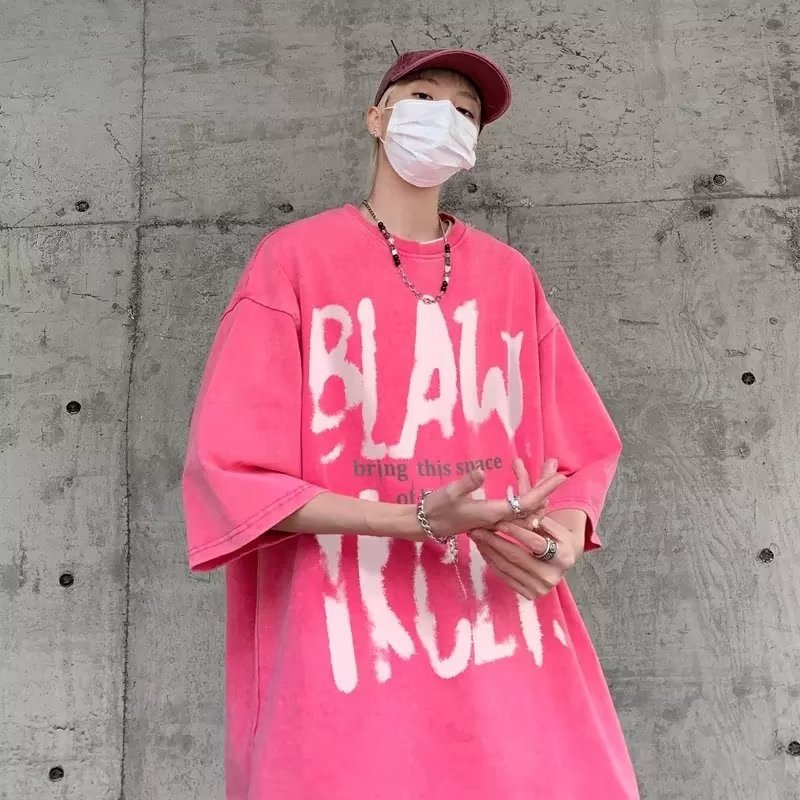 多巴胺穿搭t恤男重磅纯棉美式复古做旧oversize嘻哈涂鸦短袖卡通