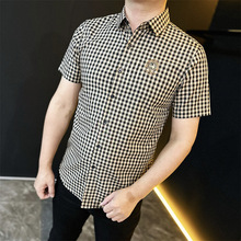 潮流时尚男士夏季短袖衬衫商务休闲简约格子个性翻领薄款显瘦衬衣