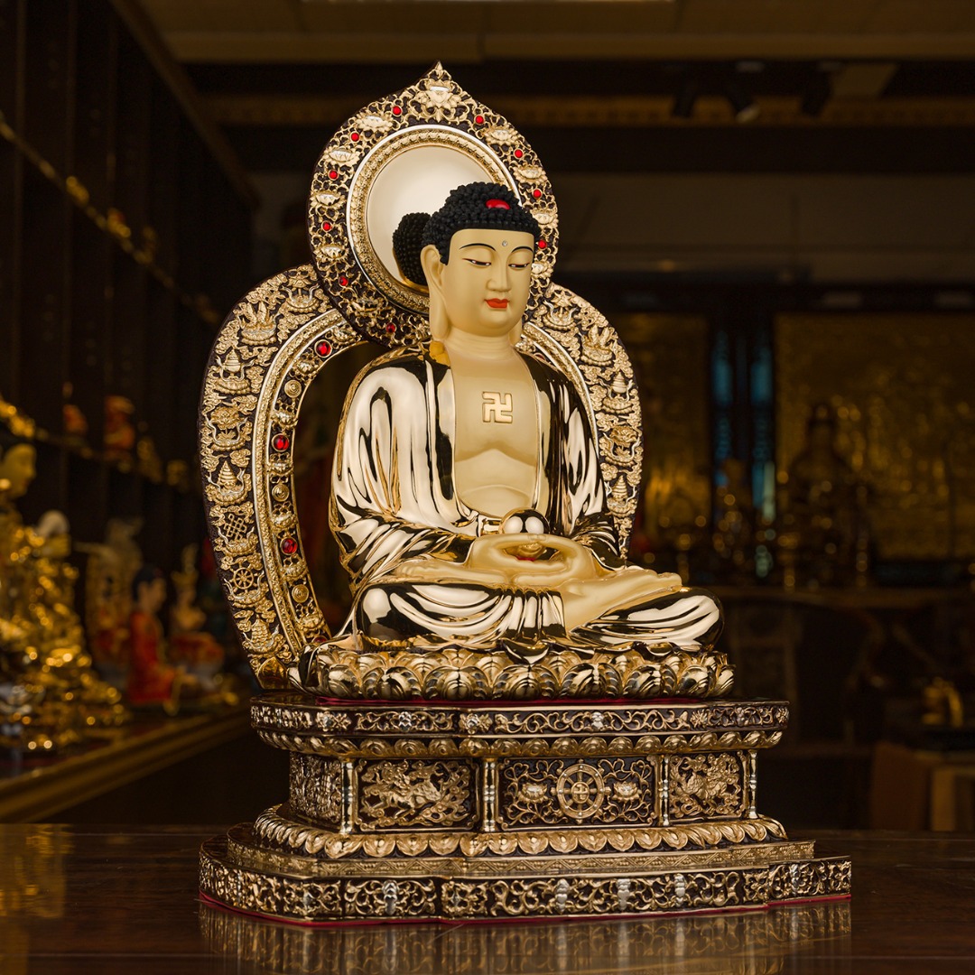 纯铜佛像唐彩释迦牟尼佛金刚座背光娑婆三圣盛凡神像佛教用品批发