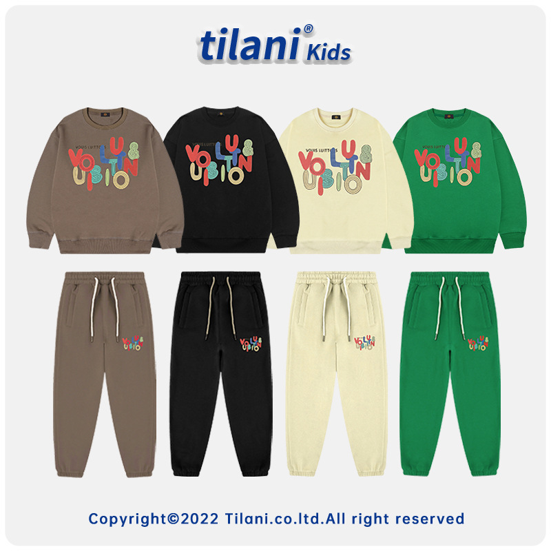 tilani童装欧美潮牌一线大牌感圆领毛圈棉儿童男两件套亚马孙代发