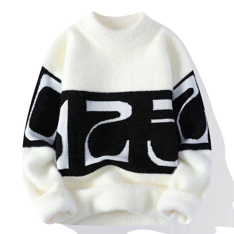 2024秋冬季水貂绒保暖针织衫男士上衣 韩版潮流休闲拼色男毛衣黑