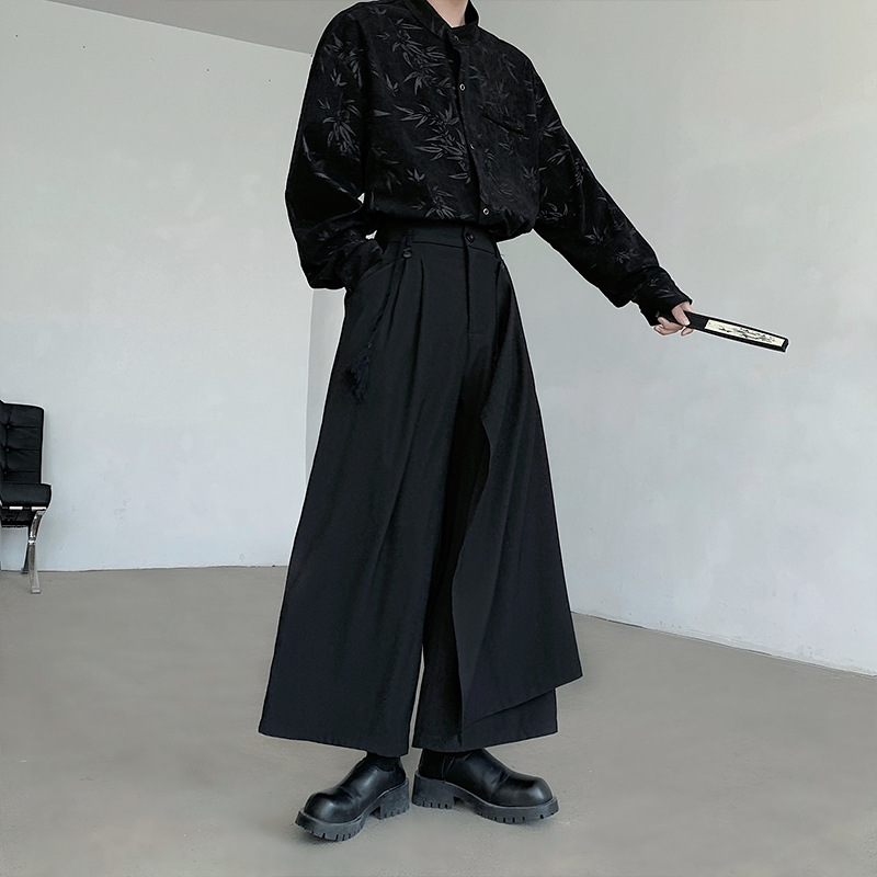 新中式两穿裤裙暗黑拼接阔腿宽松黑色长裤休闲裤裙男士复古潮流