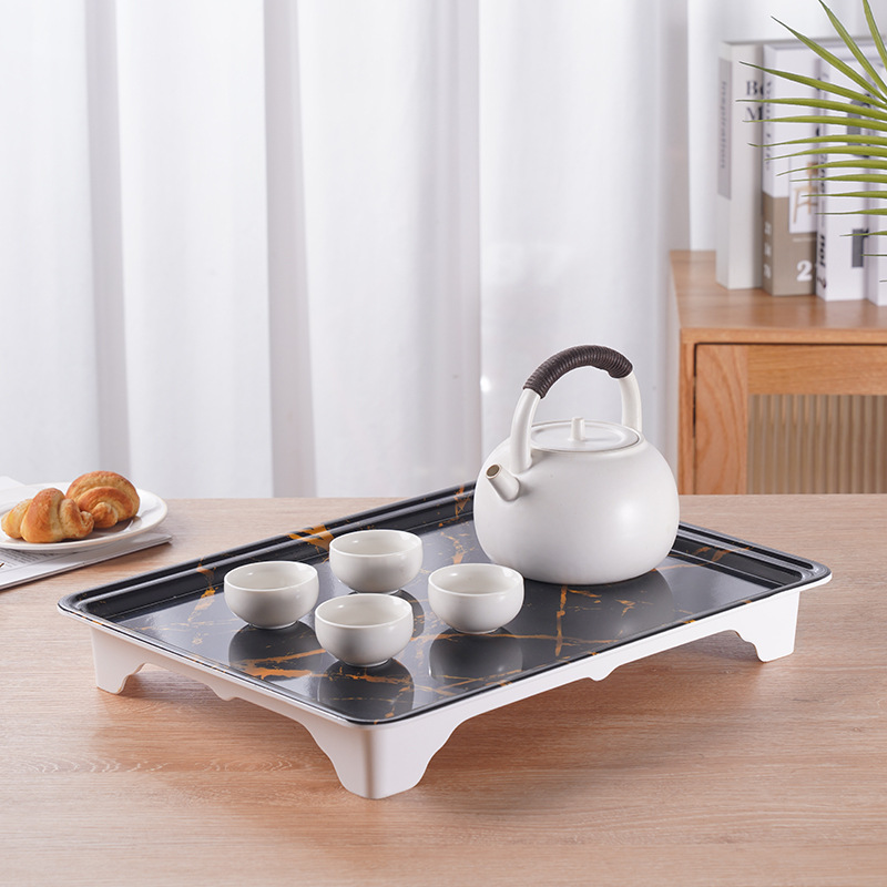 Hot Sale Domestic Foreign Trade High Foot Tea Set Table Golden Marble Tray Tea Plate Imitation Porcelain Melamine Tea Set Tea Tray