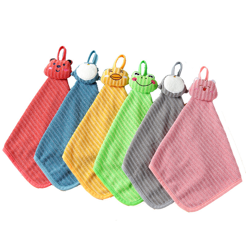 Simple Striped Soft Hand Towel Cute Animal Cotton Hanging Hand Towel Kitchen Absorbent Quick-Drying Hand Towel