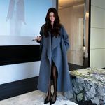 韩版慵懒灰色双面羊毛大衣女秋冬感宽松气质长款翻领斗篷毛呢