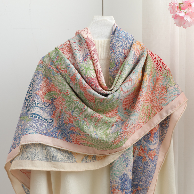 热带雨林福宝真丝丝巾桑蚕丝羊毛双面异色粉色印花高端轻奢围巾女