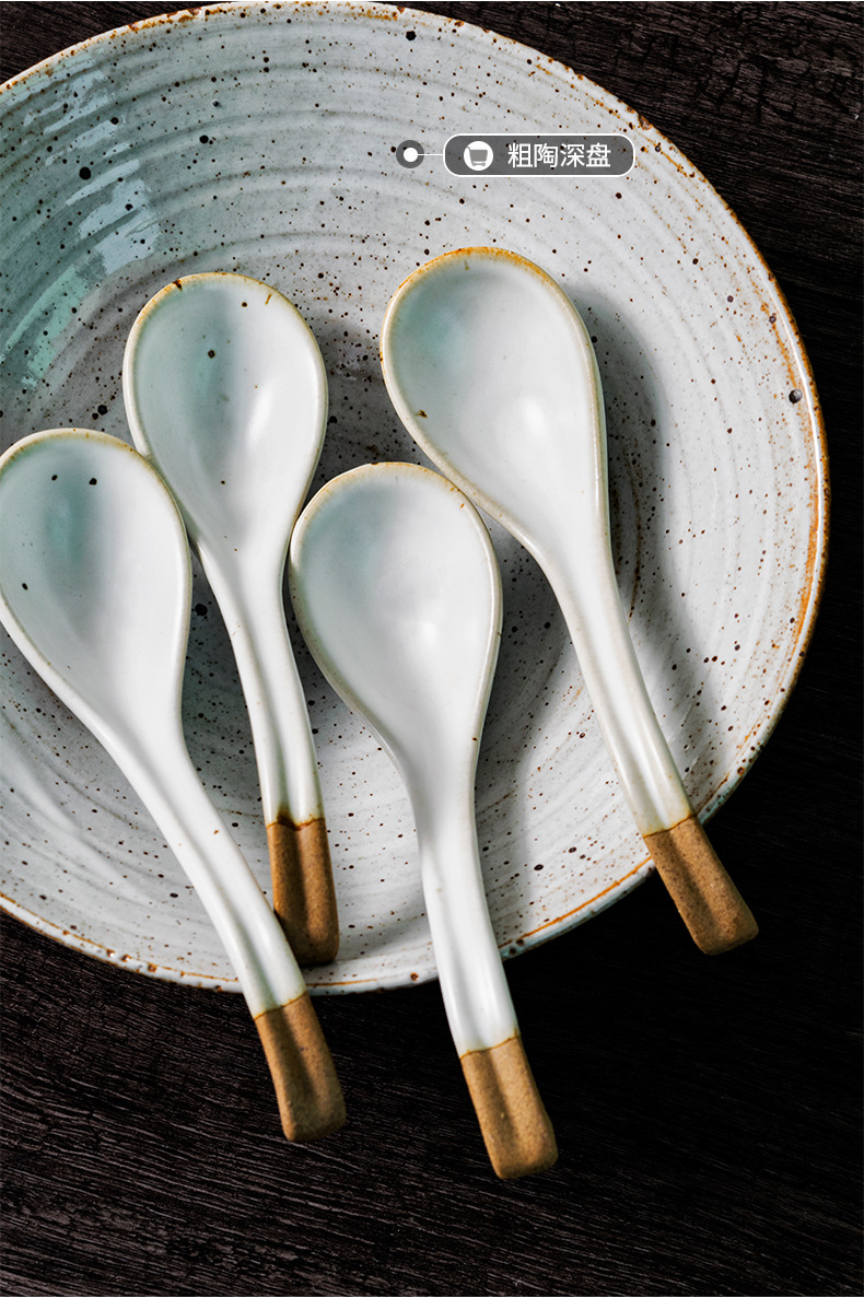 日式手工陶瓷汤匙吃饭勺子粗陶勺餐具碗勺复古家用创意做旧小汤勺
