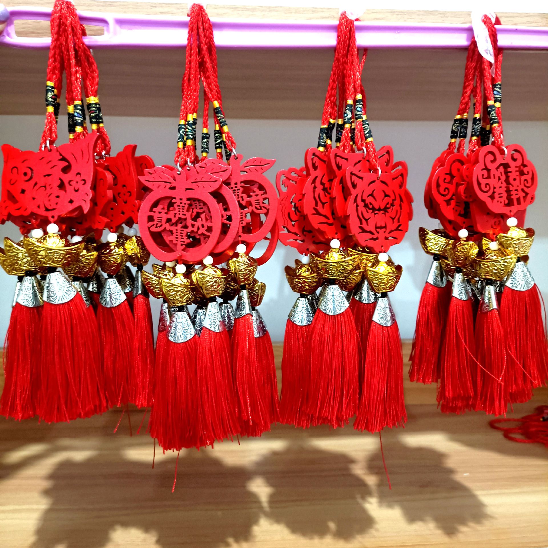 Happy Event Red Sandalwood Carving Hanging Piece Pendant Car Decoration Festive Tassel Pendant Wedding New Year Festival Hollow Pendant 2 Yuan